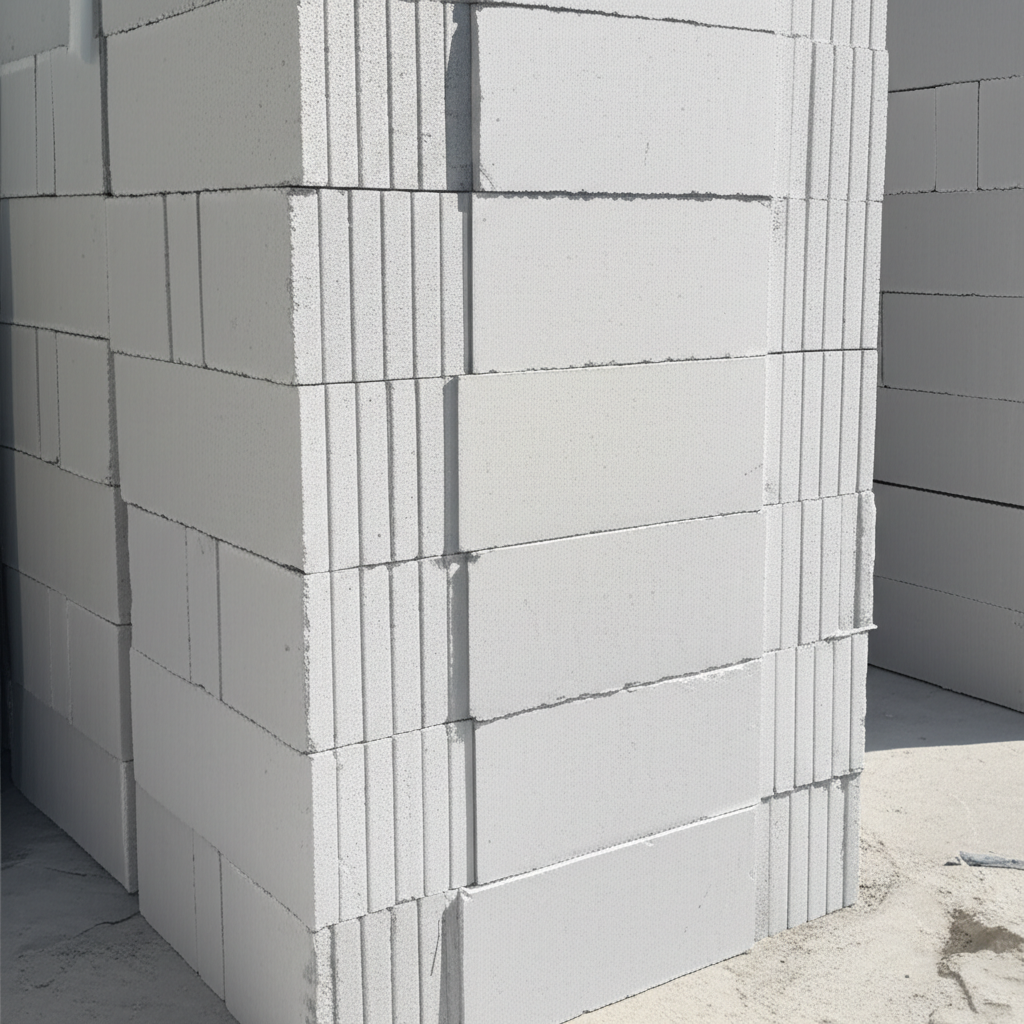 A neat stack of FutureLite AAC blocks outdoors