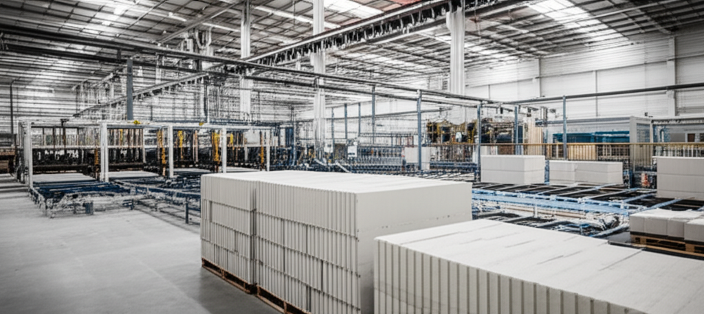 Modern factory showing the manufacturing process of AAC blocks